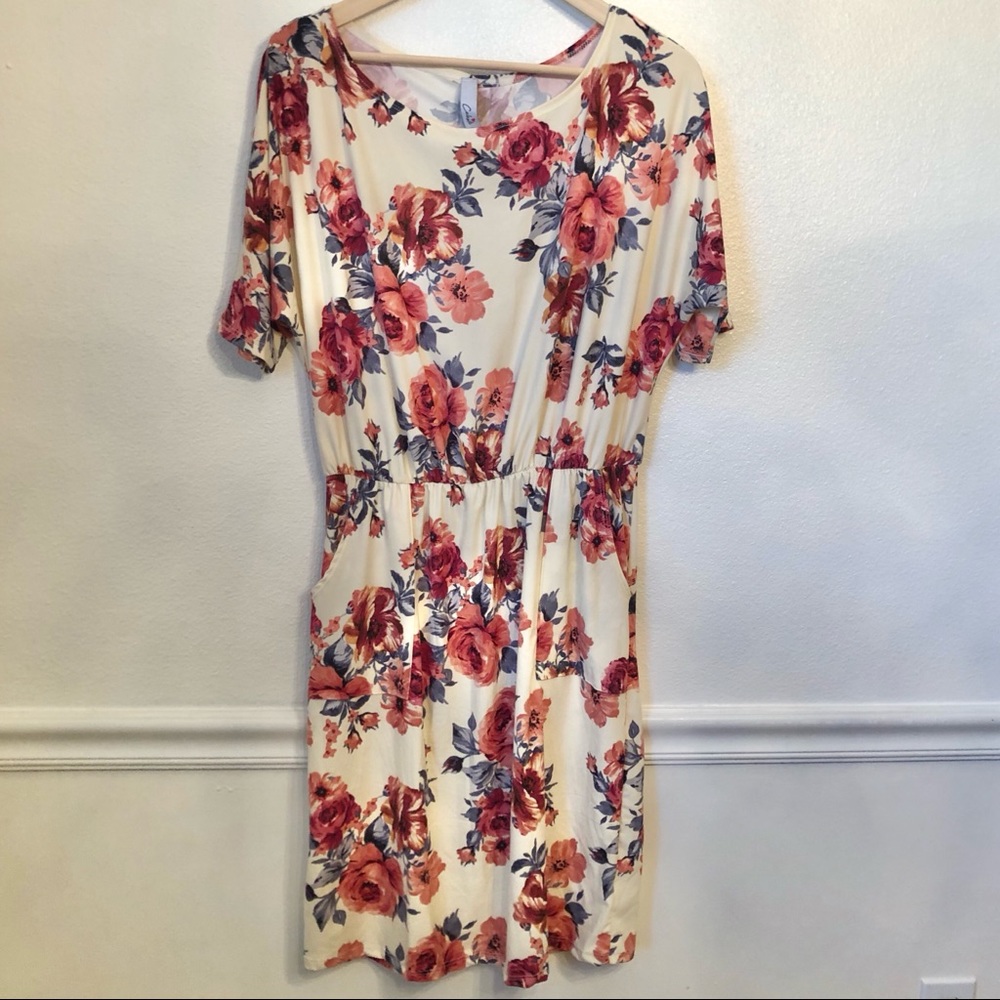 CELESTE | Cream-Rust Floral Print Dress w/ Pockets